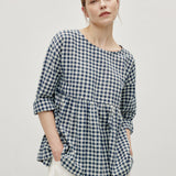 Linen Cotton Vintage Checked Round Neck Long Sleeve Top