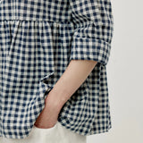 Linen Cotton Vintage Checked Round Neck Long Sleeve Top