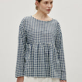 Linen Cotton Vintage Checked Round Neck Long Sleeve Top