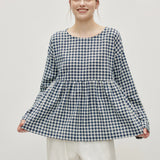 Linen Cotton Vintage Checked Round Neck Long Sleeve Top