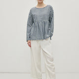 Linen Cotton Vintage Checked Round Neck Long Sleeve Top