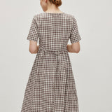 Linen Cotton Vintage Checked U-Neck Short Sleeve Maxi Dress
