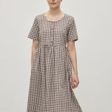 Linen Cotton Vintage Checked U-Neck Short Sleeve Maxi Dress