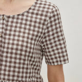 Linen Cotton Vintage Checked U-Neck Short Sleeve Maxi Dress