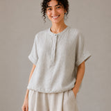 100% Linen Gingham Print Rolled Sleeve Drawstring Hem Blouse