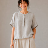 100% Linen Gingham Print Rolled Sleeve Drawstring Hem Blouse