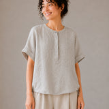 100% Linen Gingham Print Rolled Sleeve Drawstring Hem Blouse
