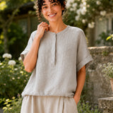 100% Linen Gingham Print Rolled Sleeve Drawstring Hem Blouse