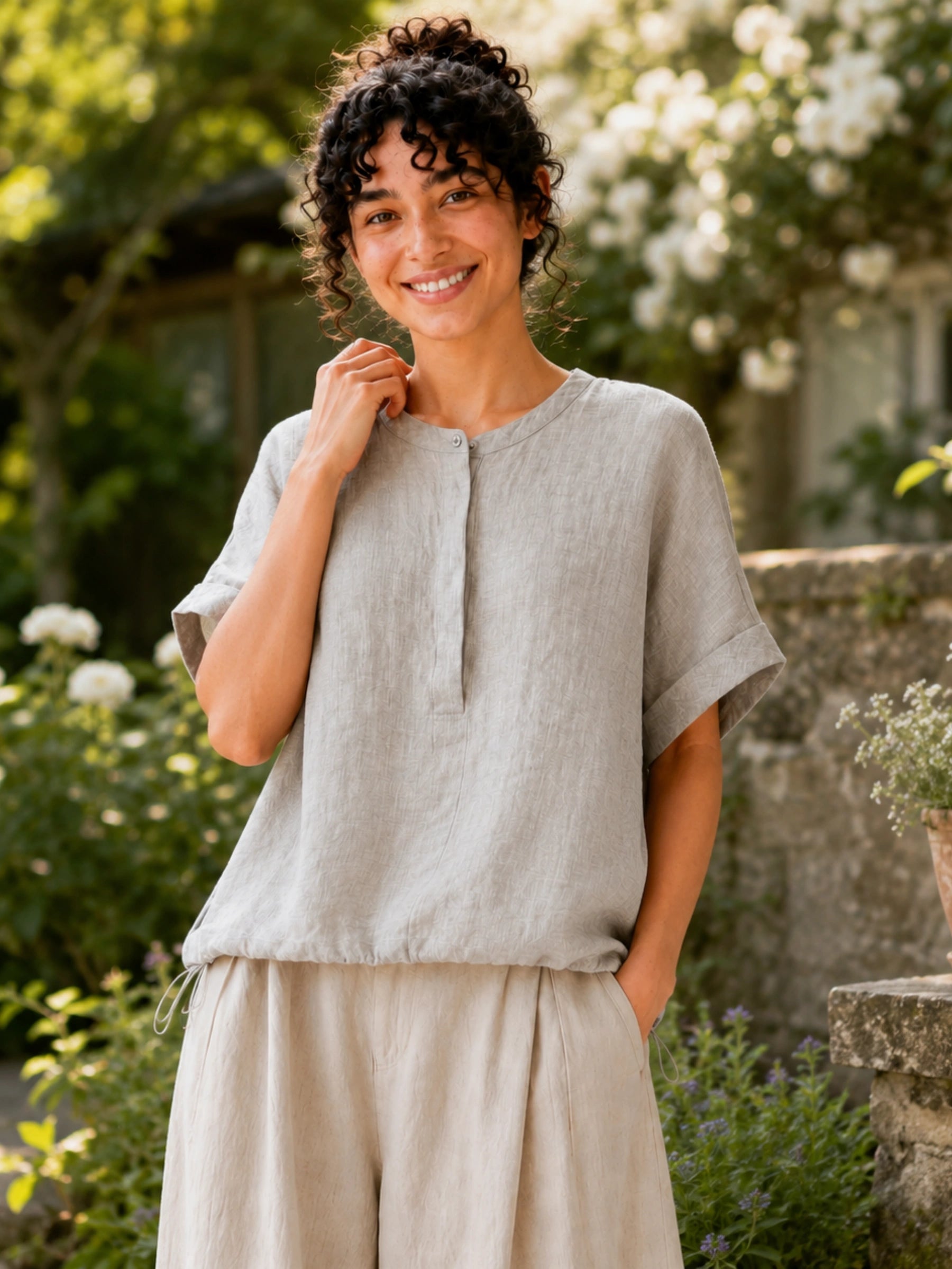 100% Linen Gingham Print Rolled Sleeve Drawstring Hem Blouse