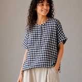100% Linen Gingham Print Rolled Sleeve Drawstring Hem Blouse