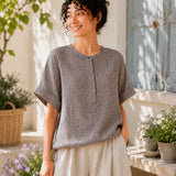 100% Linen Gingham Print Rolled Sleeve Drawstring Hem Blouse