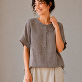 100% Linen Gingham Print Rolled Sleeve Drawstring Hem Blouse