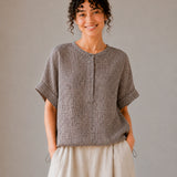 100% Linen Gingham Print Rolled Sleeve Drawstring Hem Blouse