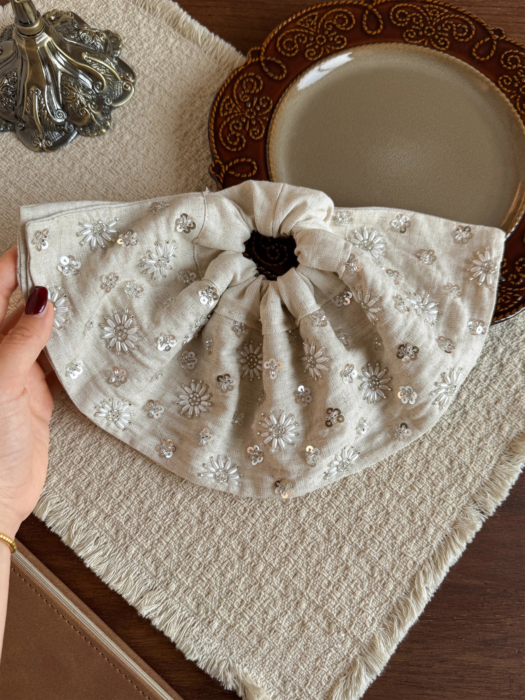 Linen Hand-Beaded Fan Hair Scrunchie