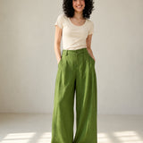 Linen Lyocell Pleat Side Pocket Belt Loop Wide Leg Trousers