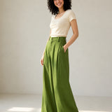Linen Lyocell Pleat Side Pocket Belt Loop Wide Leg Trousers