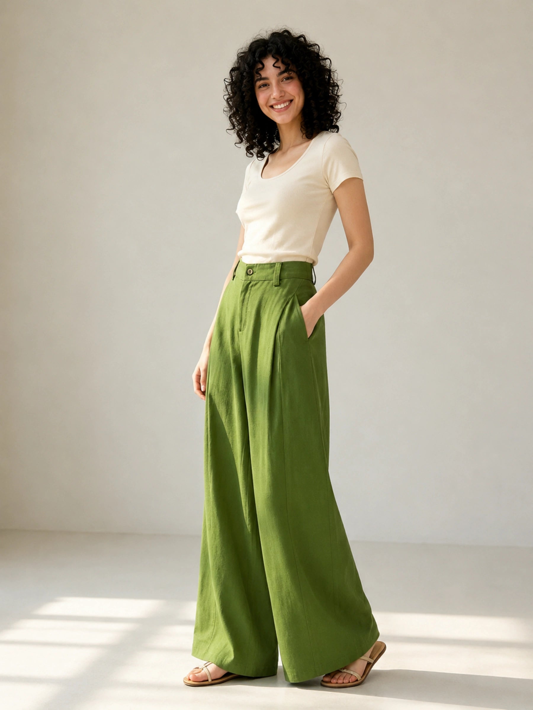 Linen-Lyocell Pleat Side Pocket Belt Loop Wide Leg Trousers