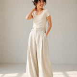 Linen Lyocell Pleat Side Pocket Belt Loop Wide Leg Trousers