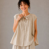100% Linen Pleated Tie Front Tank Top