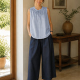 100% Linen Pleated Tie Front Tank Top