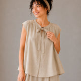 100% Linen Pleated Tie Front Tank Top