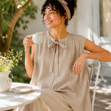 100% Linen Pleated Tie Front Tank Top