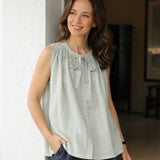 100% Linen Pleated Tie Front Tank Top