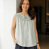 100% Linen Pleated Tie Front Tank Top