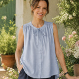 100% Linen Pleated Tie Front Tank Top