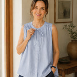 100% Linen Pleated Tie Front Tank Top
