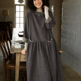 Linen Round-Neck Drop-Waist Relaxed Dress with Pockets