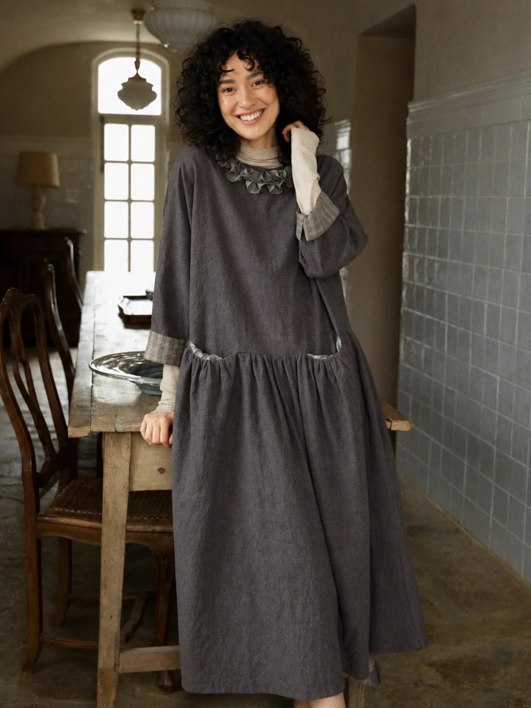 Linen Round-Neck Drop-Waist Relaxed Dress with Pockets