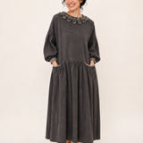 Linen Round-Neck Drop-Waist Relaxed Dress with Pockets