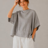 100% Linen Round Neck Batwing Cuffed Sleeve Blouse