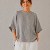100% Linen Round Neck Batwing Cuffed Sleeve Blouse