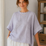 100% Linen Round Neck Batwing Cuffed Sleeve Blouse
