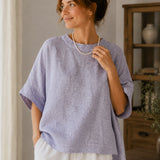 100% Linen Round Neck Batwing Cuffed Sleeve Blouse