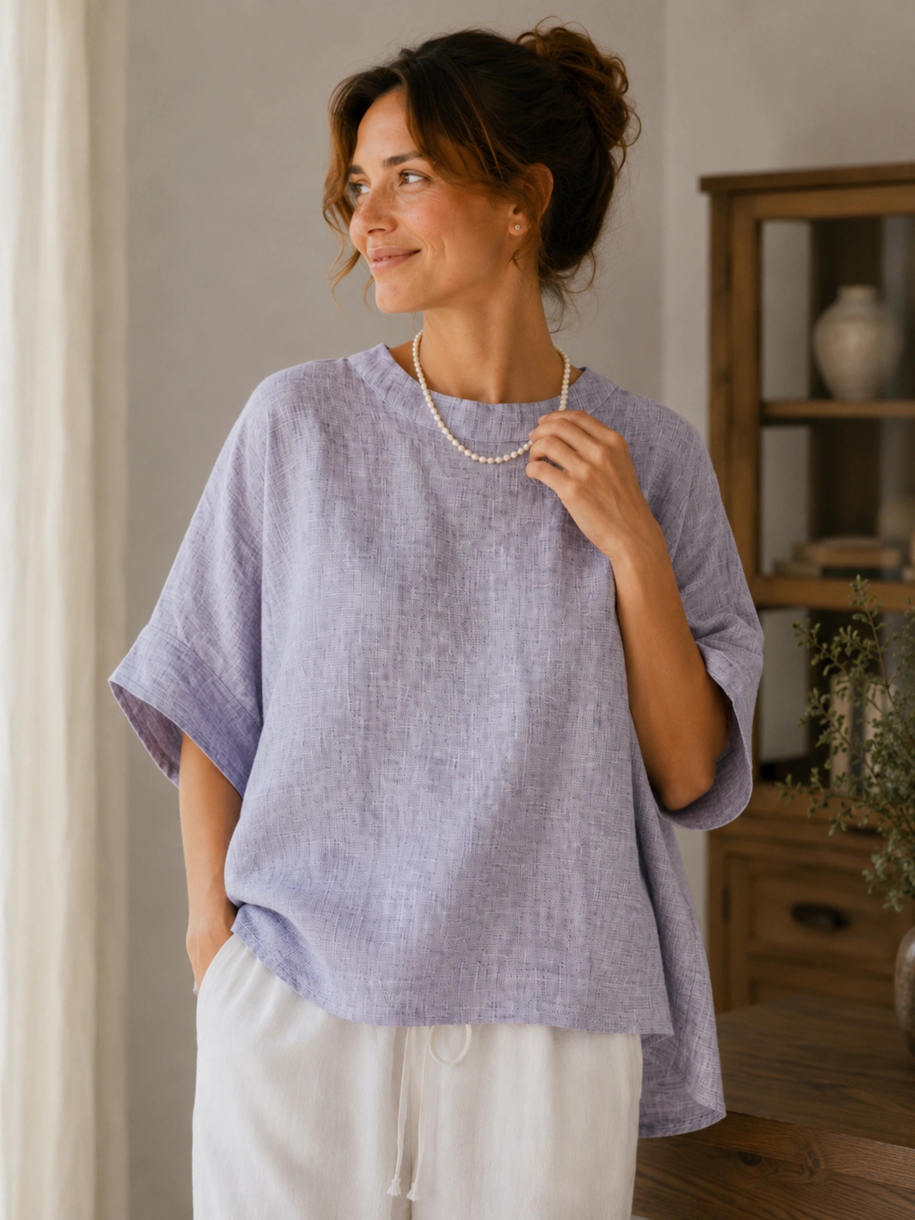 100% Linen Round Neck Batwing Cuffed Sleeve Blouse