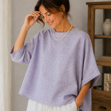 100% Linen Round Neck Batwing Cuffed Sleeve Blouse