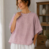100% Linen Round Neck Batwing Cuffed Sleeve Blouse