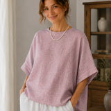 100% Linen Round Neck Batwing Cuffed Sleeve Blouse