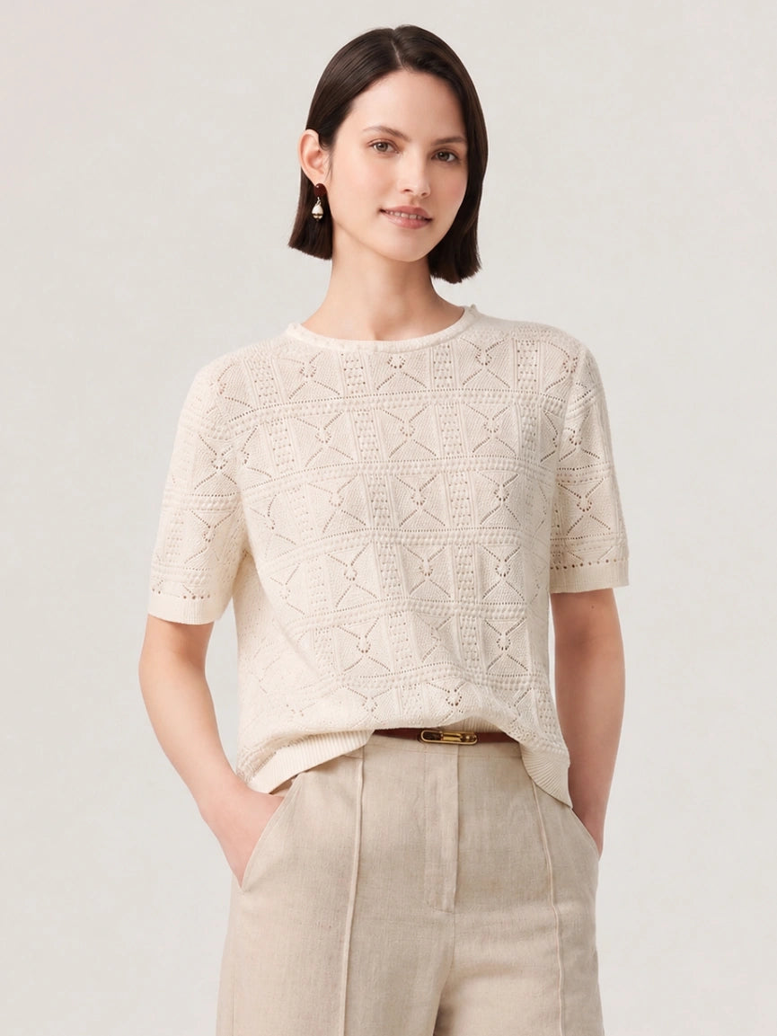 Linen Silk Openwork Knit T-Shirt