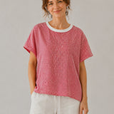 100% Linen Stripe Contrast Trim Short Sleeve T-Shirt