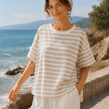 100% Linen Stripe Contrast Trim Short Sleeve T-Shirt