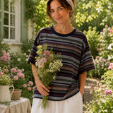 100% Linen Stripe Contrast Trim Short Sleeve T-Shirt
