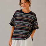 100% Linen Stripe Contrast Trim Short Sleeve T-Shirt