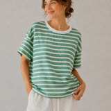100% Linen Stripe Contrast Trim Short Sleeve T-Shirt