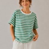 100% Linen Stripe Contrast Trim Short Sleeve T-Shirt