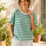 100% Linen Stripe Contrast Trim Short Sleeve T-Shirt