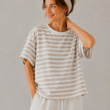 100% Linen Stripe Contrast Trim Short Sleeve T-Shirt